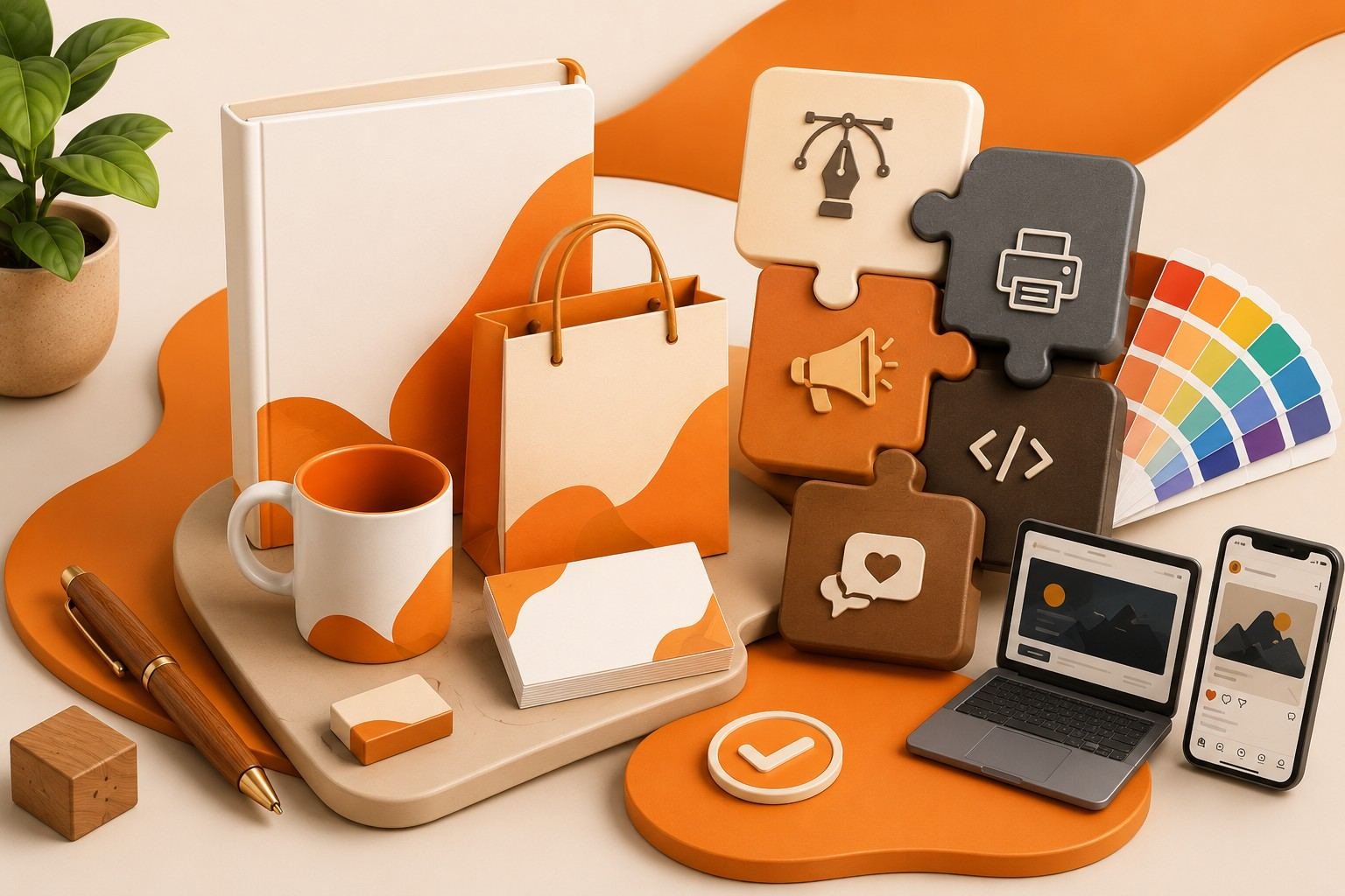 A branding team reviewing logo, print, and social media work together on a studio table