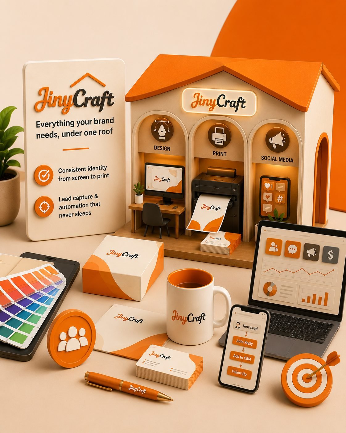 Jiny Craft creative team reviewing brand identity printouts in a Cairo studio