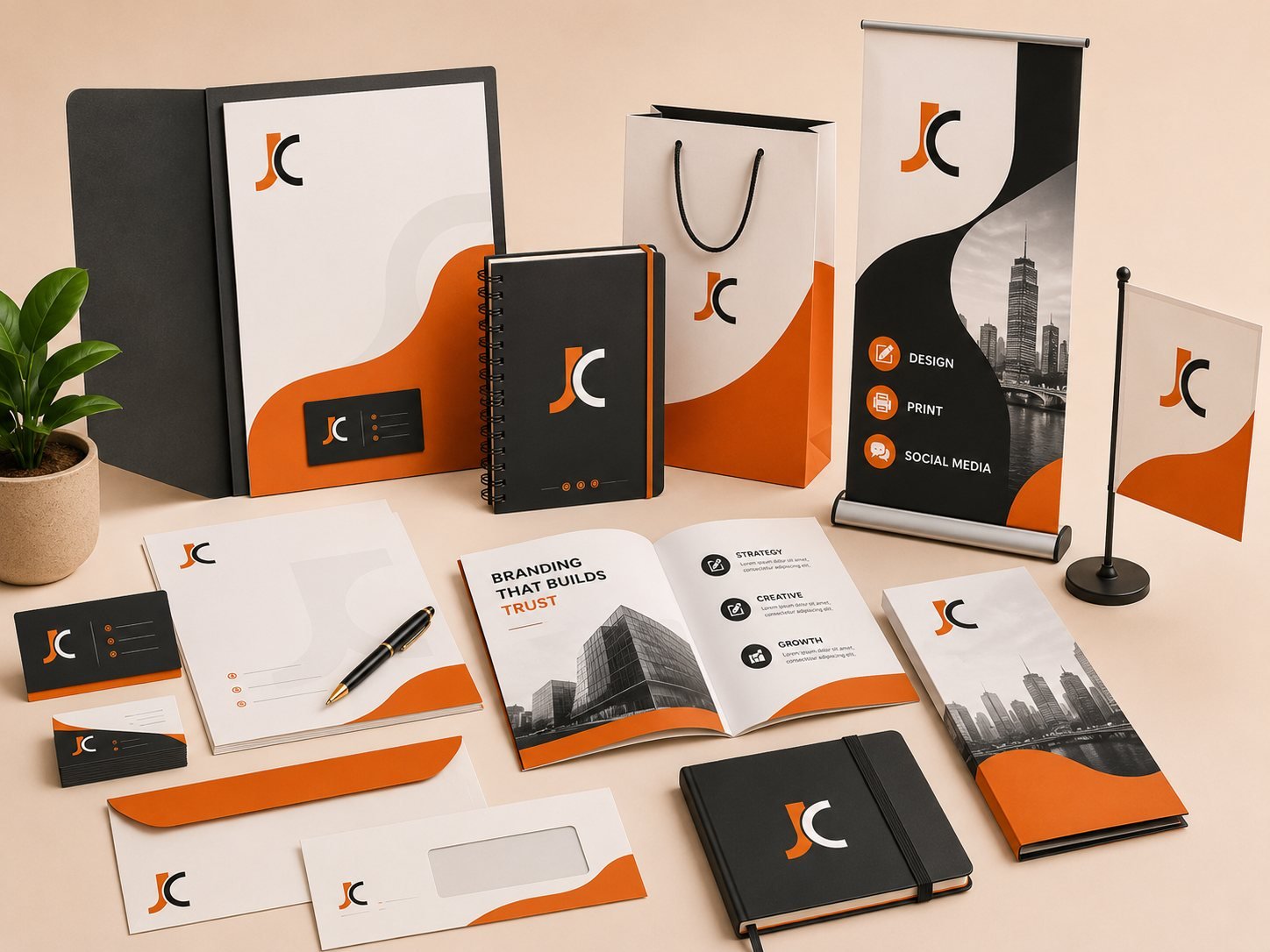 Premium printed business cards, branded folders and brochures stacked neatly